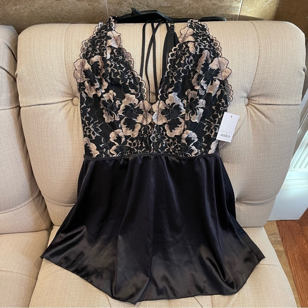 Auden Babydoll Plunge Lingerie NWT Size S Black Tan Lace Romantic